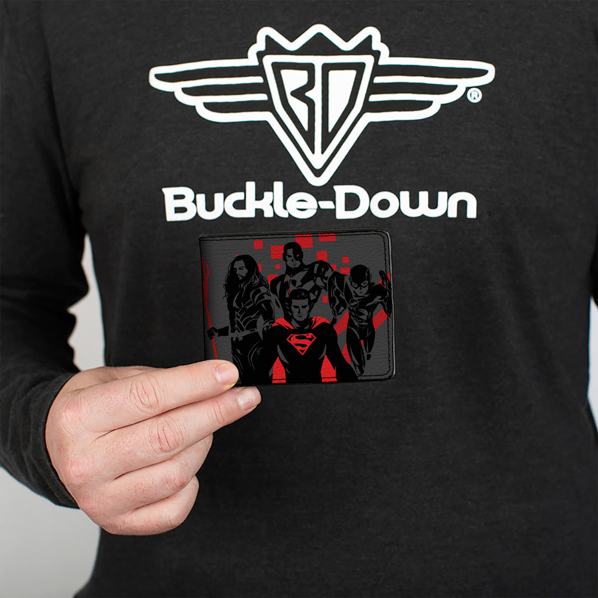 Bi-Fold Wallet - Justice League 2017 4-Superhero Group + Batman Pose Gray Black Red Bi-Fold Wallets DC Comics