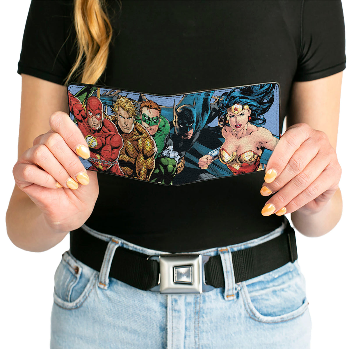 Bi-Fold Wallet - Justice League New 52 5-Superhero Group Action Poses Sky Blue Bi-Fold Wallets DC Comics