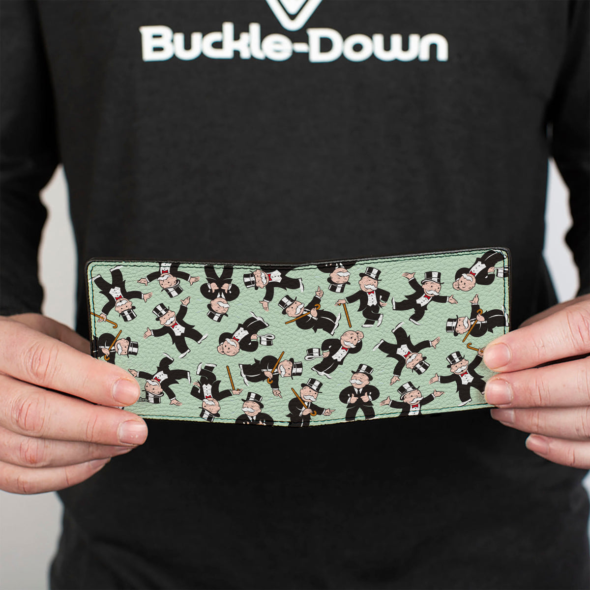 Bi-Fold Wallet - Mr. Monopoly Rich Uncle Pennybags Poses Scattered Green Bi-Fold Wallets Monopoly