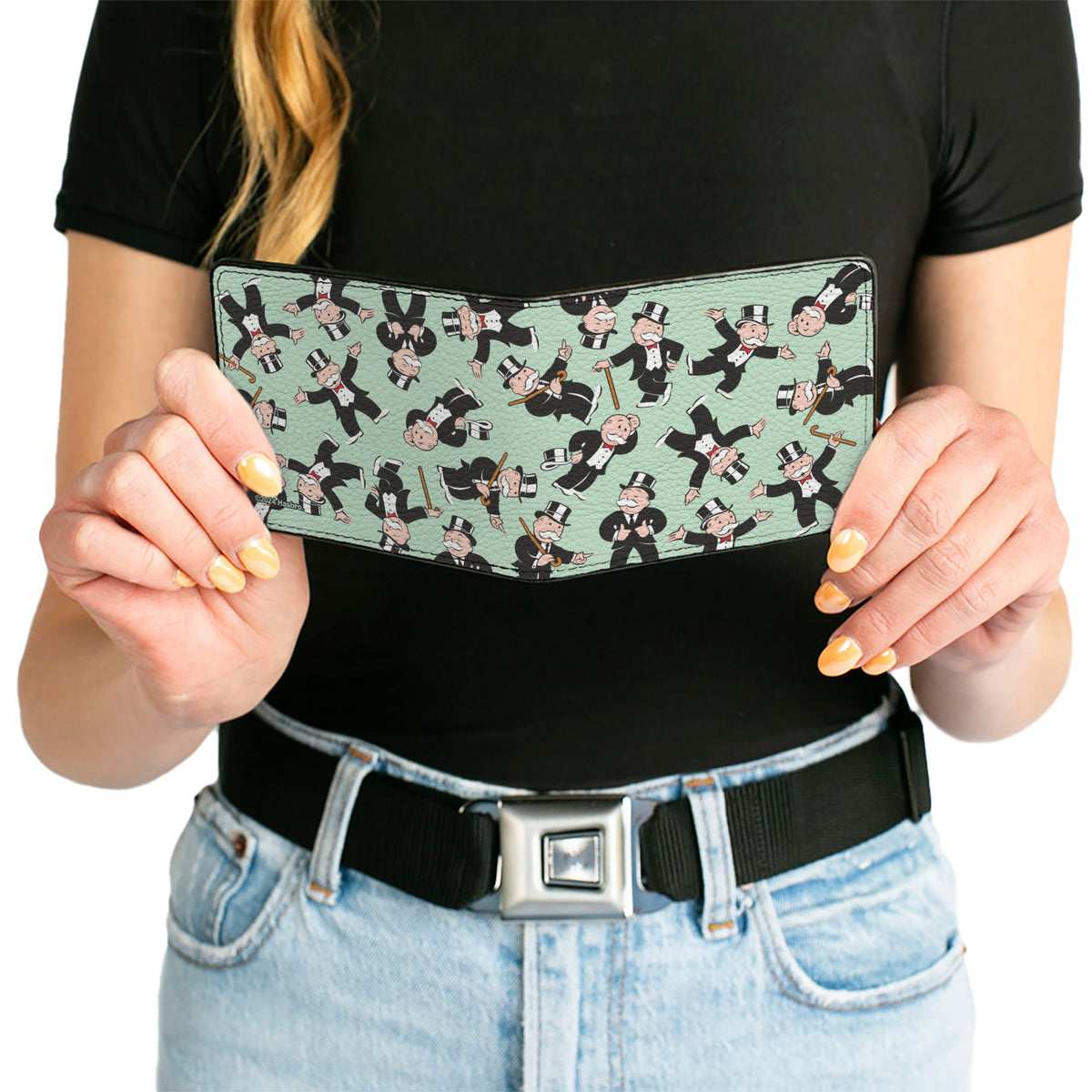 Bi-Fold Wallet - Mr. Monopoly Rich Uncle Pennybags Poses Scattered Green Bi-Fold Wallets Monopoly