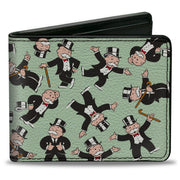 Bi-Fold Wallet - Mr. Monopoly Rich Uncle Pennybags Poses Scattered Green Bi-Fold Wallets Monopoly
