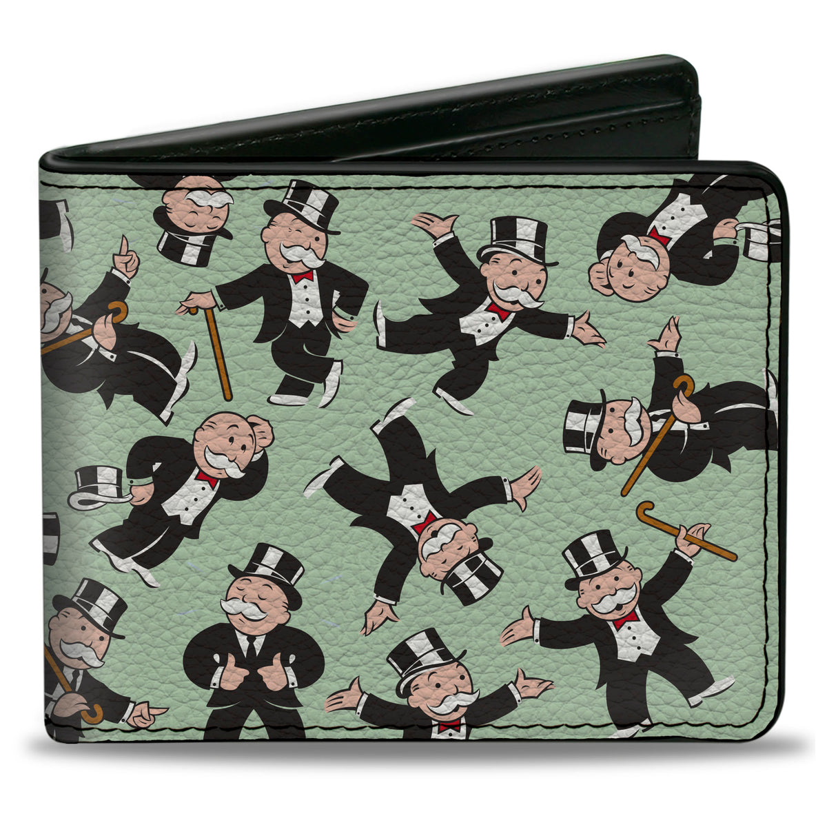 Bi-Fold Wallet - Mr. Monopoly Rich Uncle Pennybags Poses Scattered Green Bi-Fold Wallets Monopoly