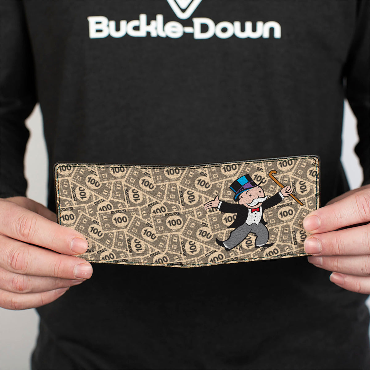 Bi-Fold Wallet - Mr. Monopoly Rich Uncle Pennybags Pose 100 Money Bills Stacked Bi-Fold Wallets Monopoly