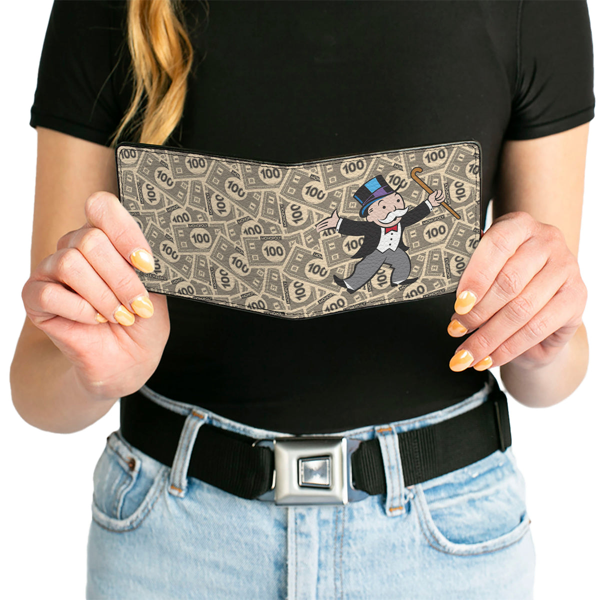 Bi-Fold Wallet - Mr. Monopoly Rich Uncle Pennybags Pose 100 Money Bills Stacked Bi-Fold Wallets Monopoly
