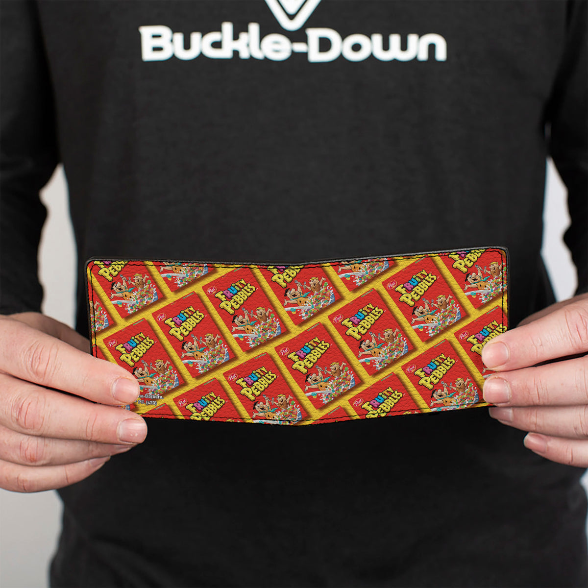 Bi-Fold Wallet - FRUITY PEBBLES Fred Flintstone and Barney Rubble Cereal Box Repeat Yellow/Red Bi-Fold Wallets The Flintstones