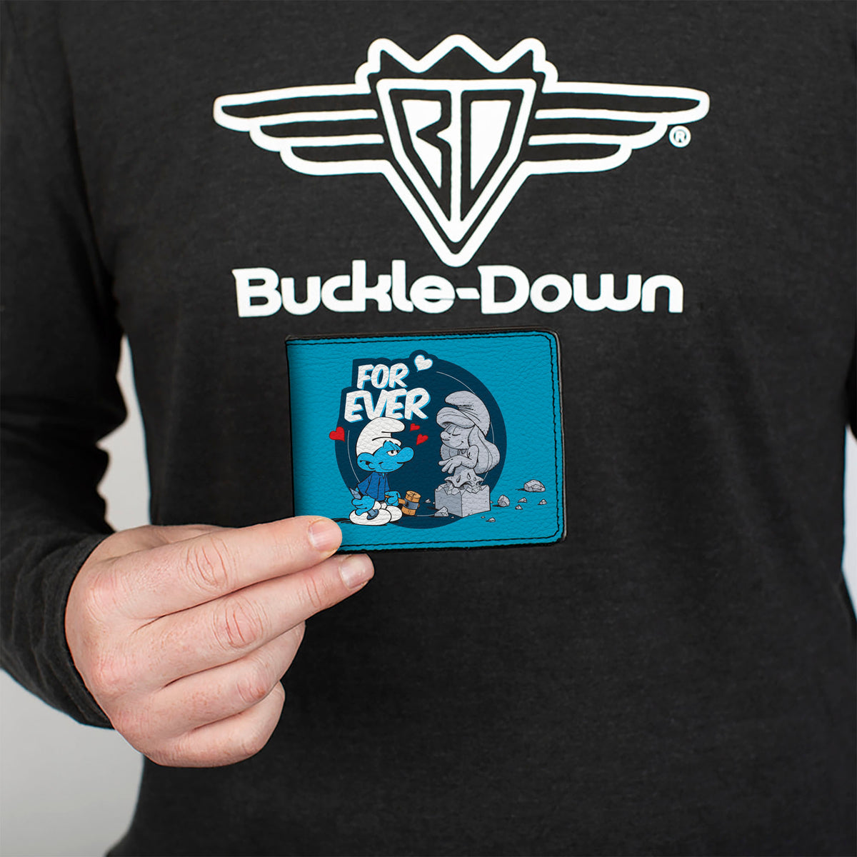 Bi-Fold Wallet - THE SMURFS Sculptor Smurf FOREVER True Love Pose and Title Logo Blues Bi-Fold Wallets The Smurfs