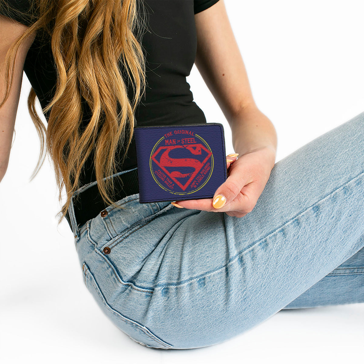 Bi-Fold Wallet - Superman THE ORIGINAL MAN OF STEEL Badge Weathered Blue Red Yellow Bi-Fold Wallets DC Comics