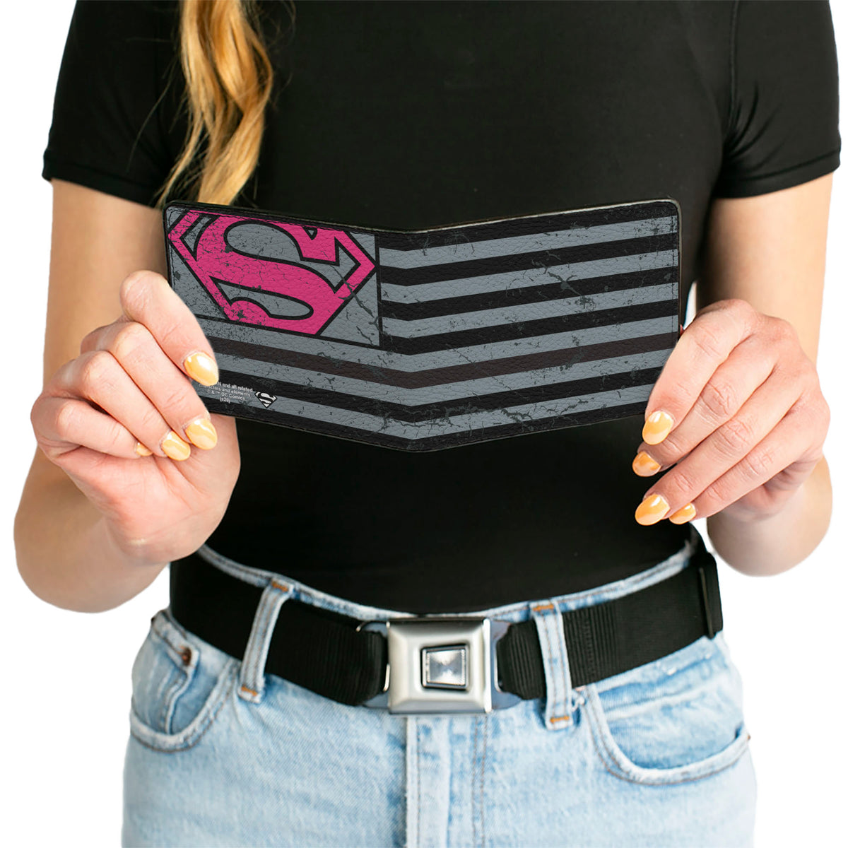 Bi-Fold Wallet - Superman Shield Americana Weathered Gray Black Pink Bi-Fold Wallets DC Comics