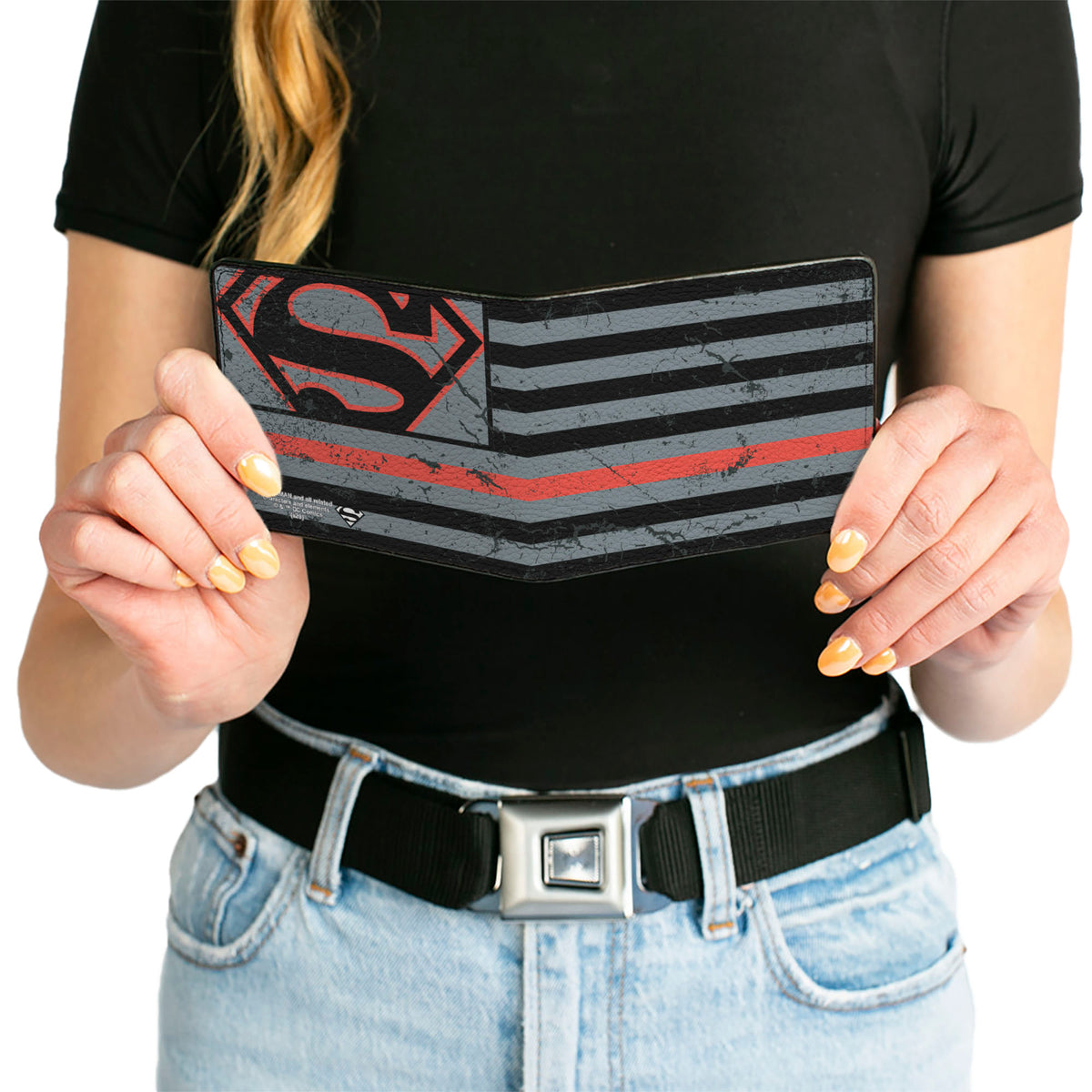 Bi-Fold Wallet - Superman Shield Thin Red Line Weathered Gray Black Red Bi-Fold Wallets DC Comics