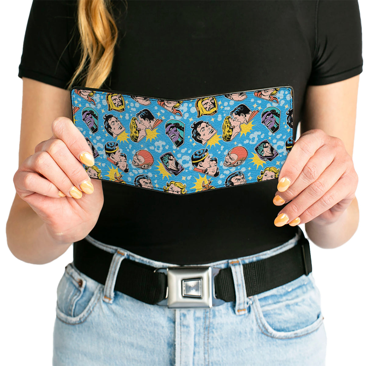 Bi-Fold Wallet - Vintage Superman Supergirl and Villains Faces Scattered Blues Bi-Fold Wallets DC Comics
