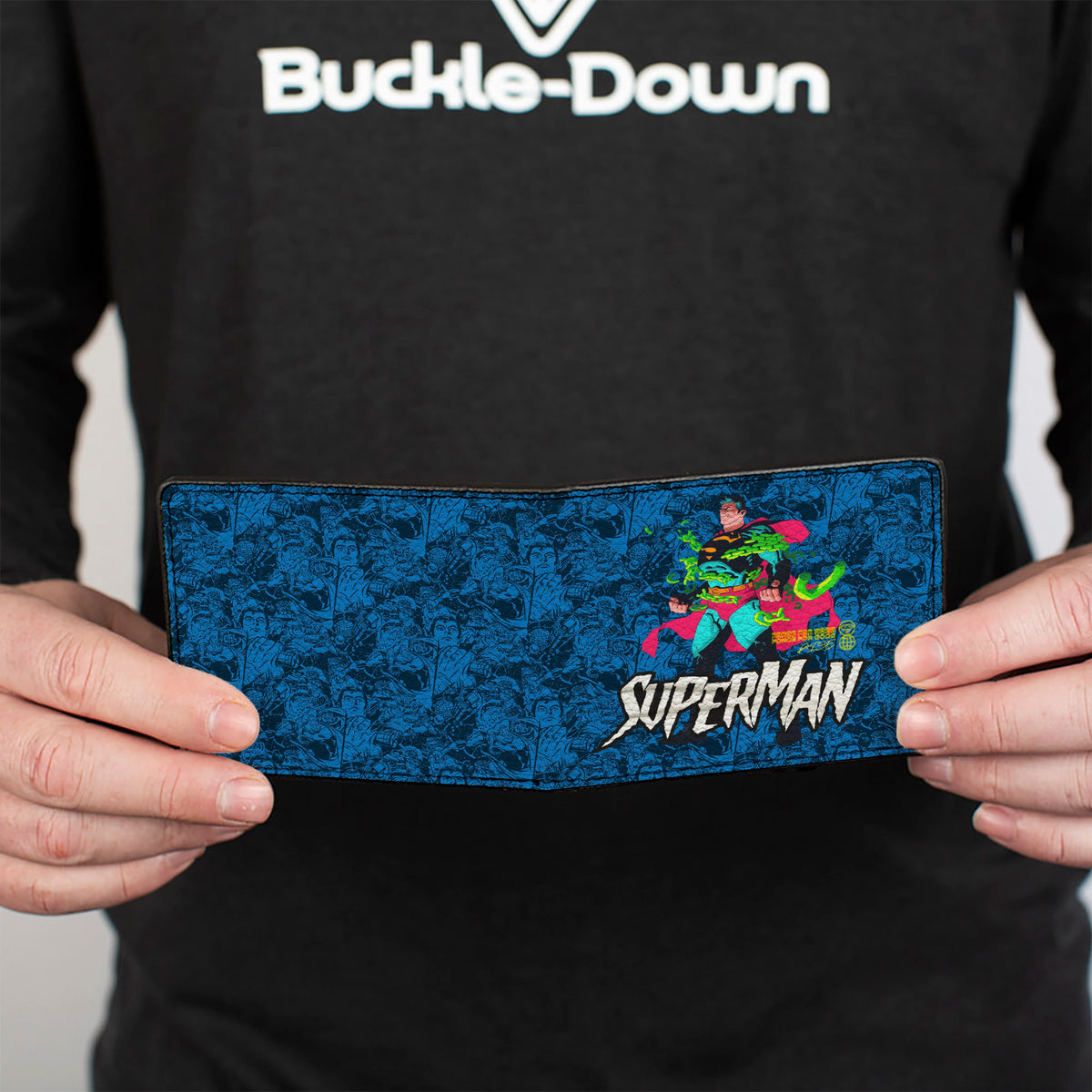 Bi-Fold Wallet - Superman Breaking Chains Pose and Action Poses Stacked Blues Bi-Fold Wallets DC Comics