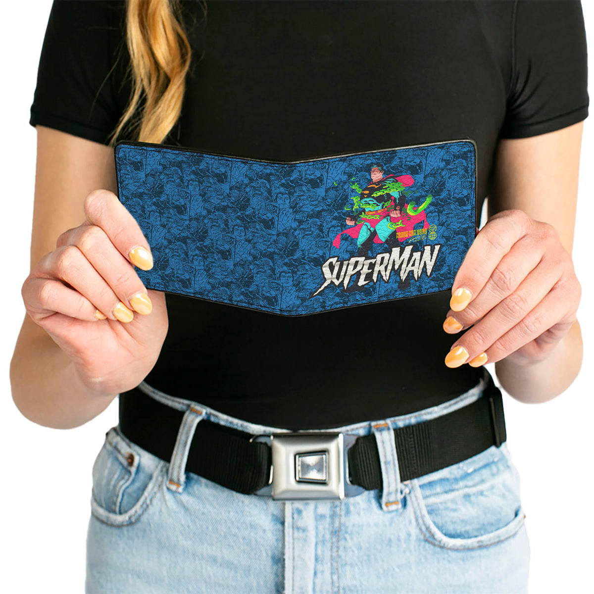 Bi-Fold Wallet - Superman Breaking Chains Pose and Action Poses Stacked Blues Bi-Fold Wallets DC Comics