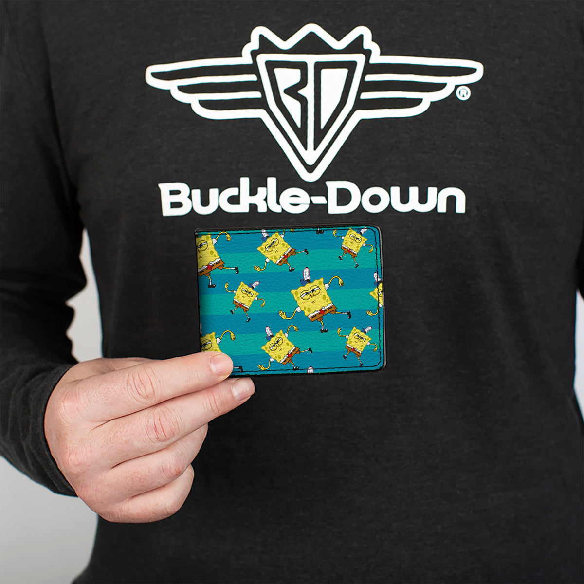 Bi-Fold Wallet - SpongeBob Dancing Pose Scattered Stripe Teal Blues Bi-Fold Wallets SpongeBob SquarePants