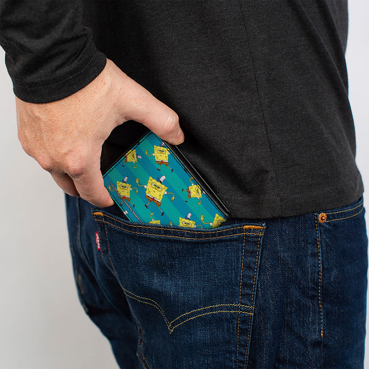 Bi-Fold Wallet - SpongeBob Dancing Pose Scattered Stripe Teal Blues Bi-Fold Wallets SpongeBob SquarePants