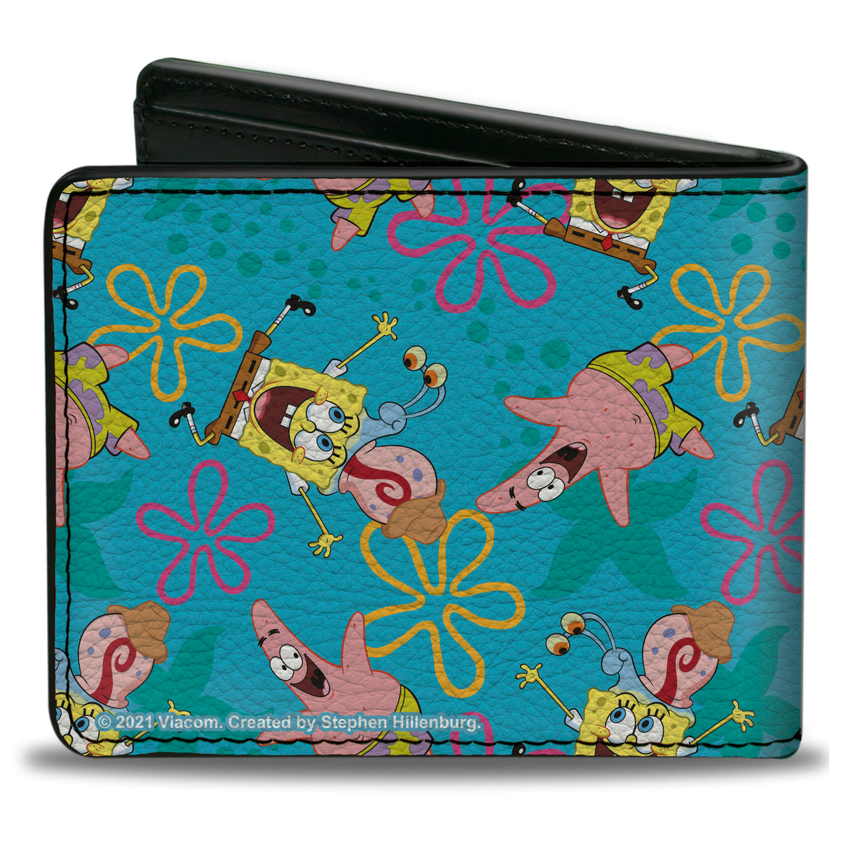 Bi-Fold Wallet - SpongeBob Patrick and Gary Joy Poses and Flowers Scattered Blue Bi-Fold Wallets SpongeBob SquarePants