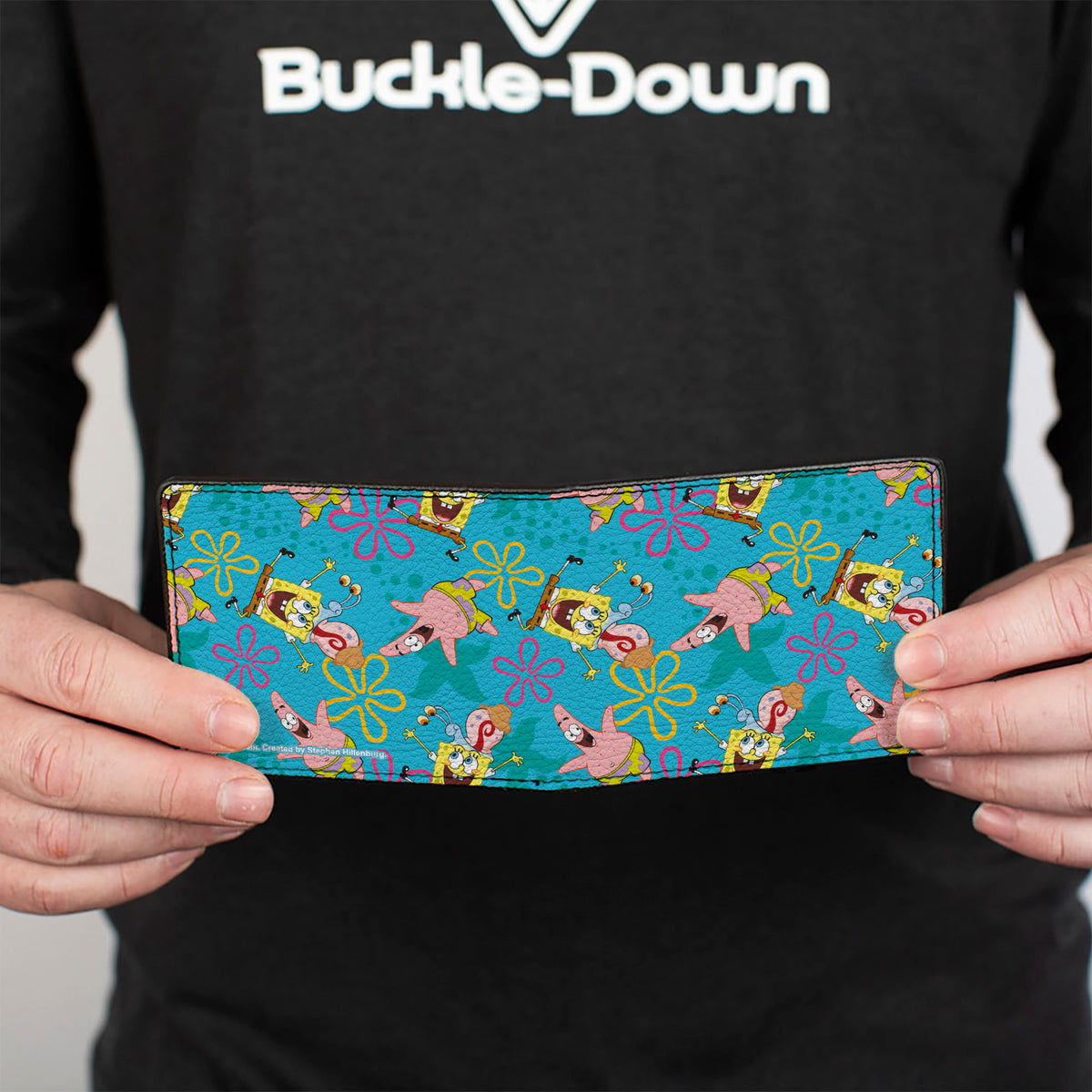 Bi-Fold Wallet - SpongeBob Patrick and Gary Joy Poses and Flowers Scattered Blue Bi-Fold Wallets SpongeBob SquarePants