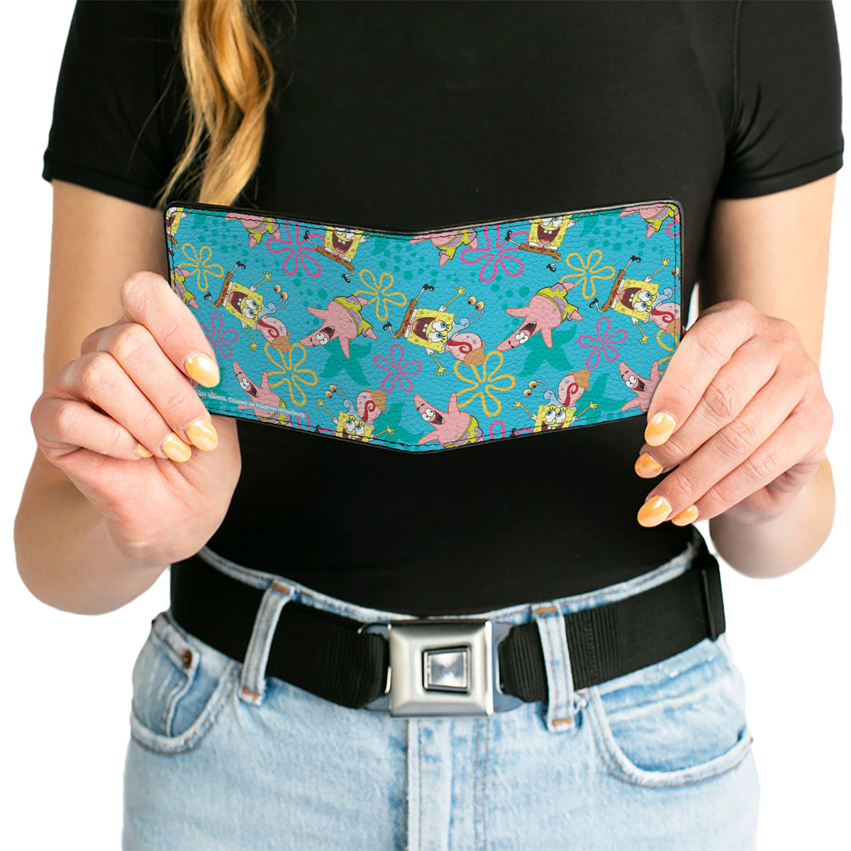 Bi-Fold Wallet - SpongeBob Patrick and Gary Joy Poses and Flowers Scattered Blue Bi-Fold Wallets SpongeBob SquarePants