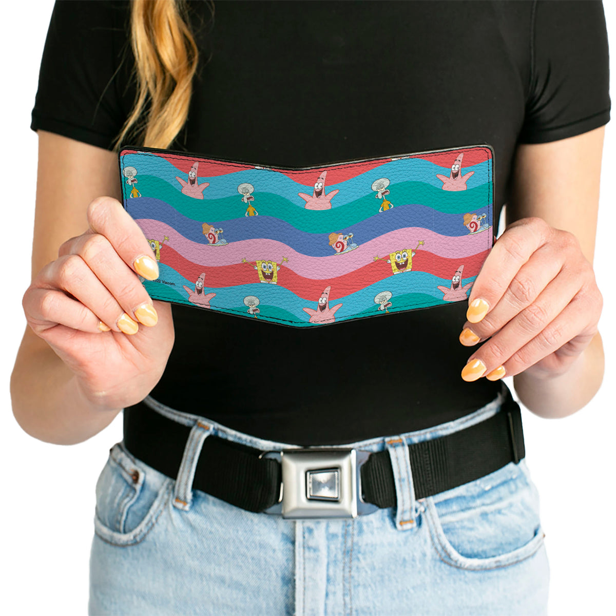 Bi-Fold Wallet - SpongeBob SquarePants and Friends Poses Wavy Stripe Blues Reds Bi-Fold Wallets SpongeBob SquarePants