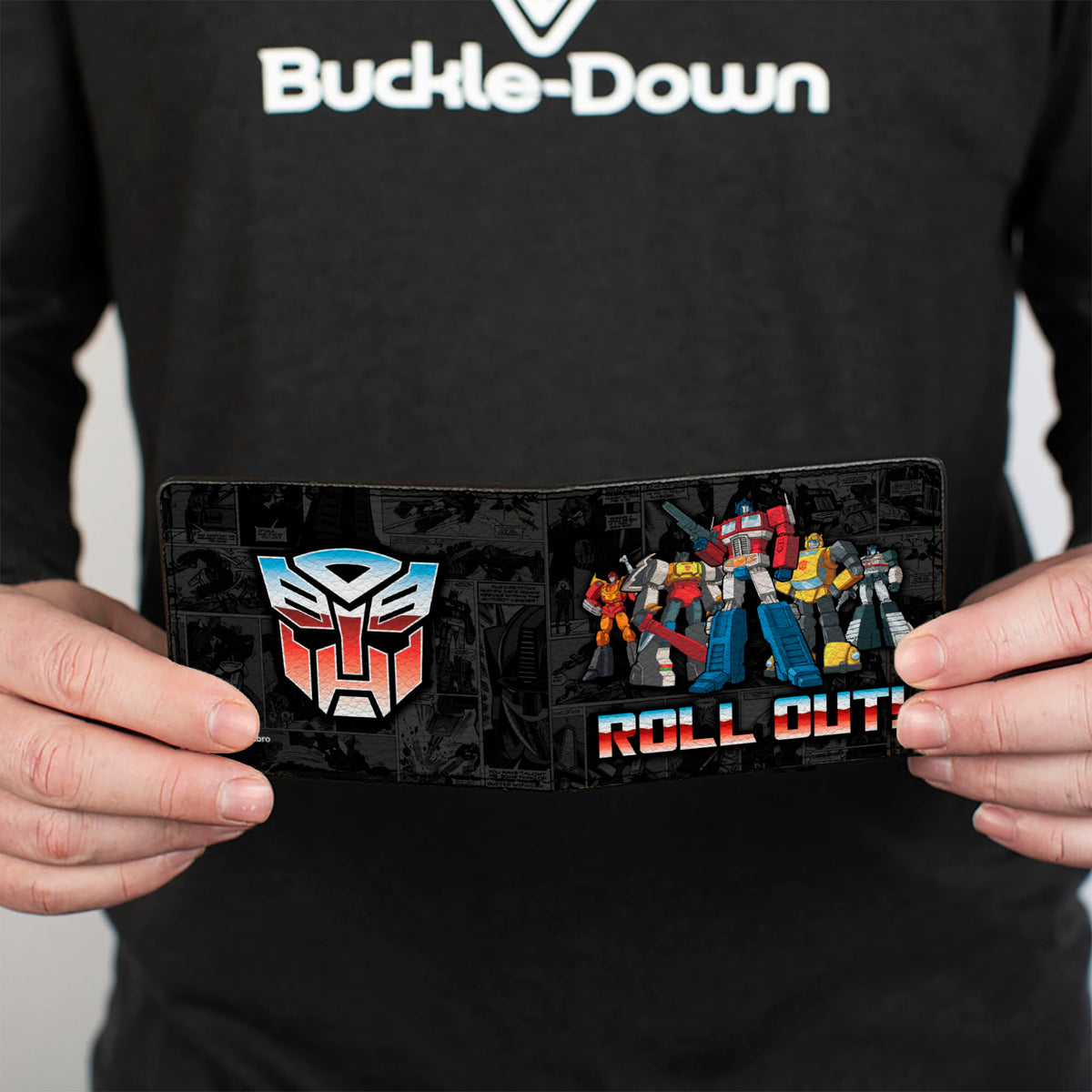 Bi-Fold Wallet - Transformers Autobots ROLL OUT Pose and Shield Comic Panels Grays Bi-Fold Wallets Transformers