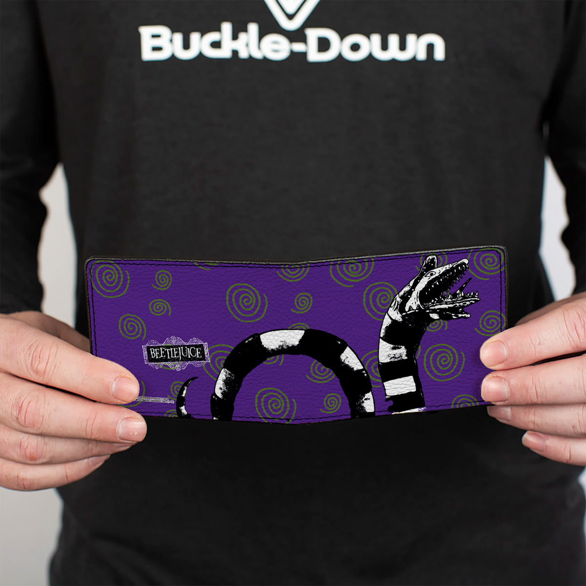 Bi-Fold Wallet - Beetlejuice Sandworm Swirls + Logo Purple Green Black White Bi-Fold Wallets Beetlejuice