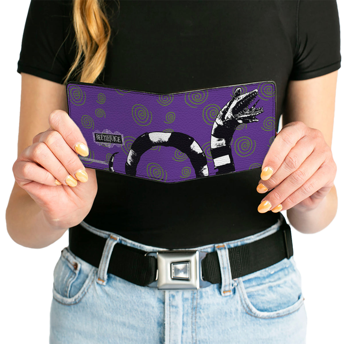 Bi-Fold Wallet - Beetlejuice Sandworm Swirls + Logo Purple Green Black White Bi-Fold Wallets Beetlejuice