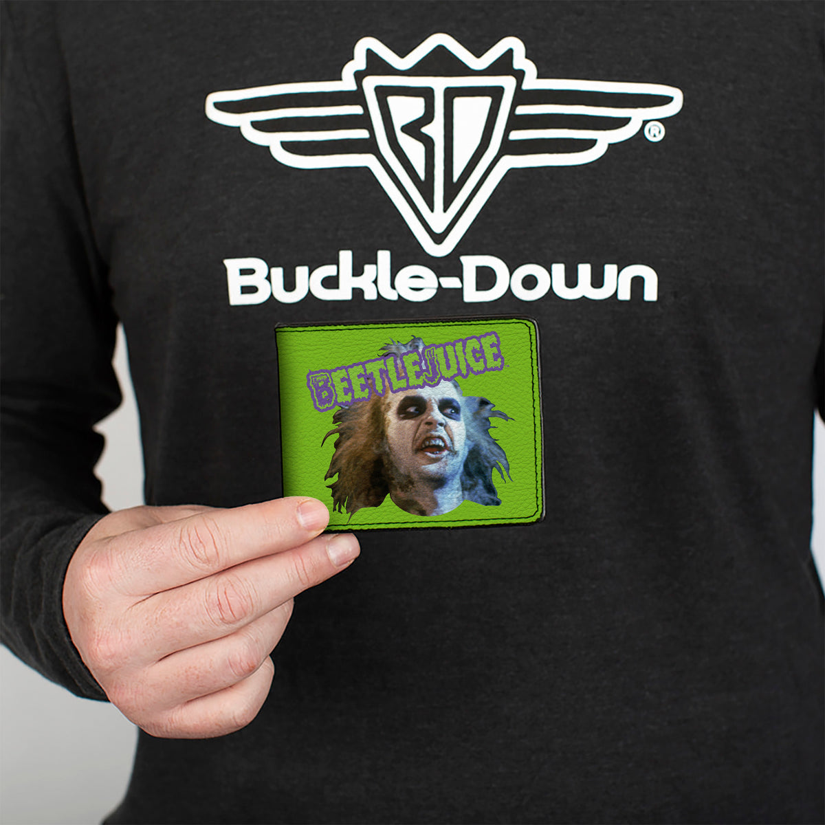 Bi-Fold Wallet - BEETLEJUICE Face and Text Green/Purple Bi-Fold Wallets Beetlejuice