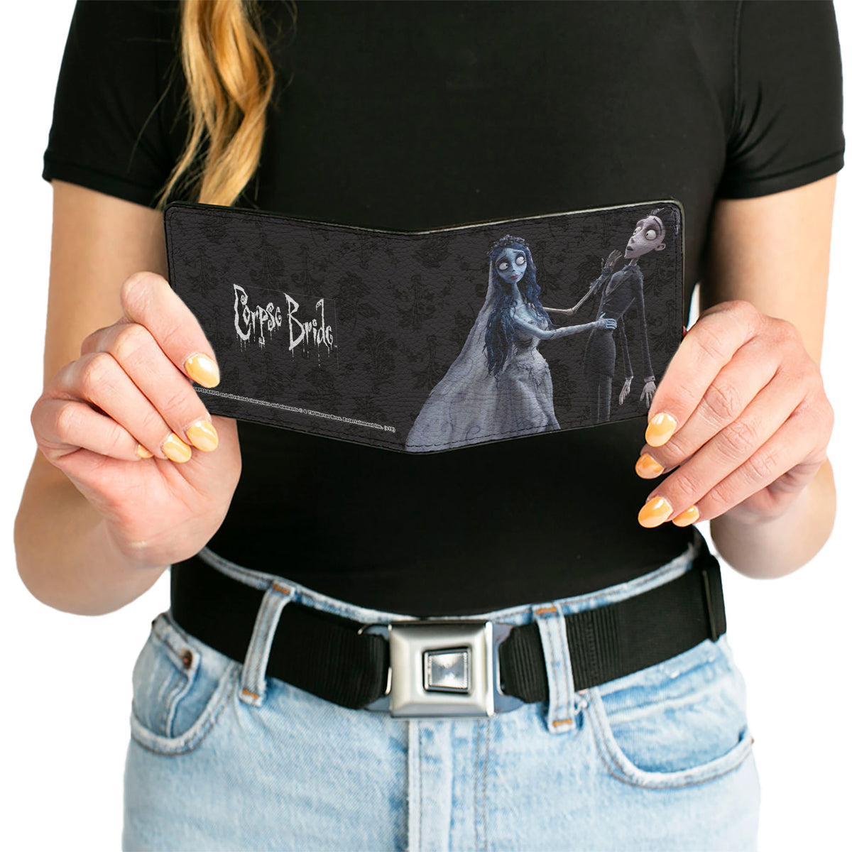Bi-Fold Wallet - Corpse Bride Emily Victor Pose + Logo Grays Black White Bi-Fold Wallets Corpse Bride