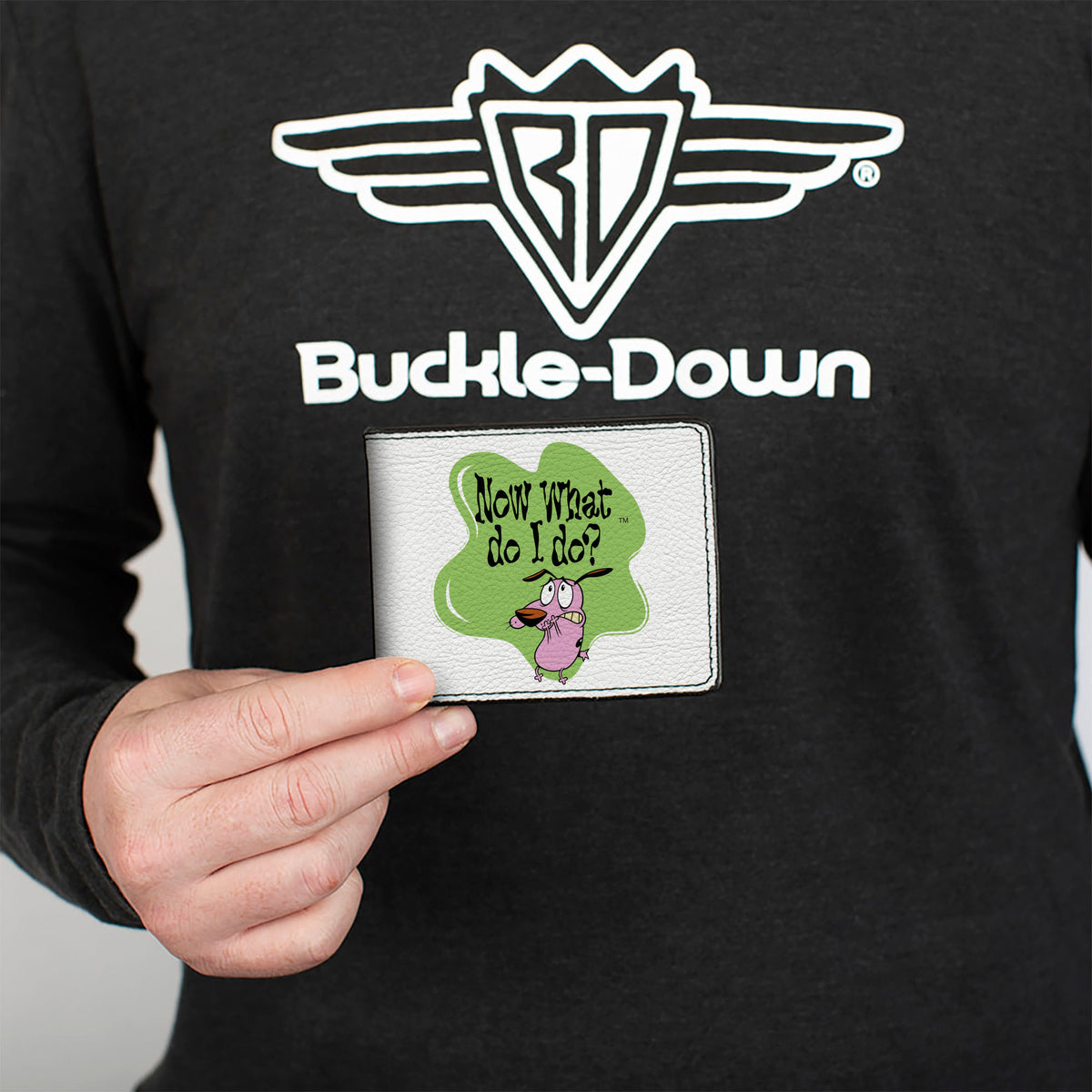 Bi-Fold Wallet - COURAGE THE COWARDLY DOG NOW WHAT DO IT DO? Title Pose Bi-Fold Wallets Courage the Cowardly Dog
