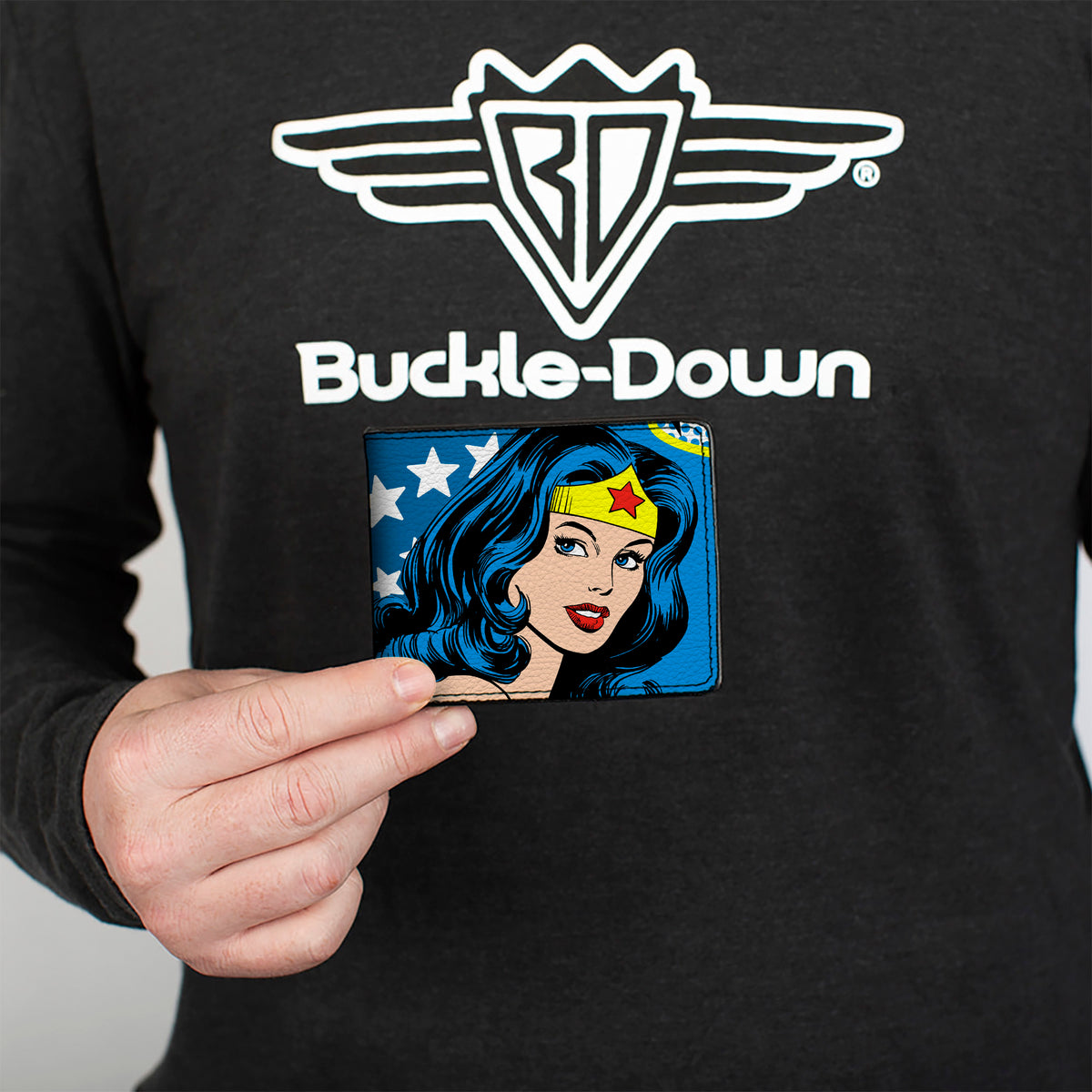 Bi-Fold Wallet - WONDER WOMAN Stars Face Halftone Blues Red Yellow White Bi-Fold Wallets DC Comics