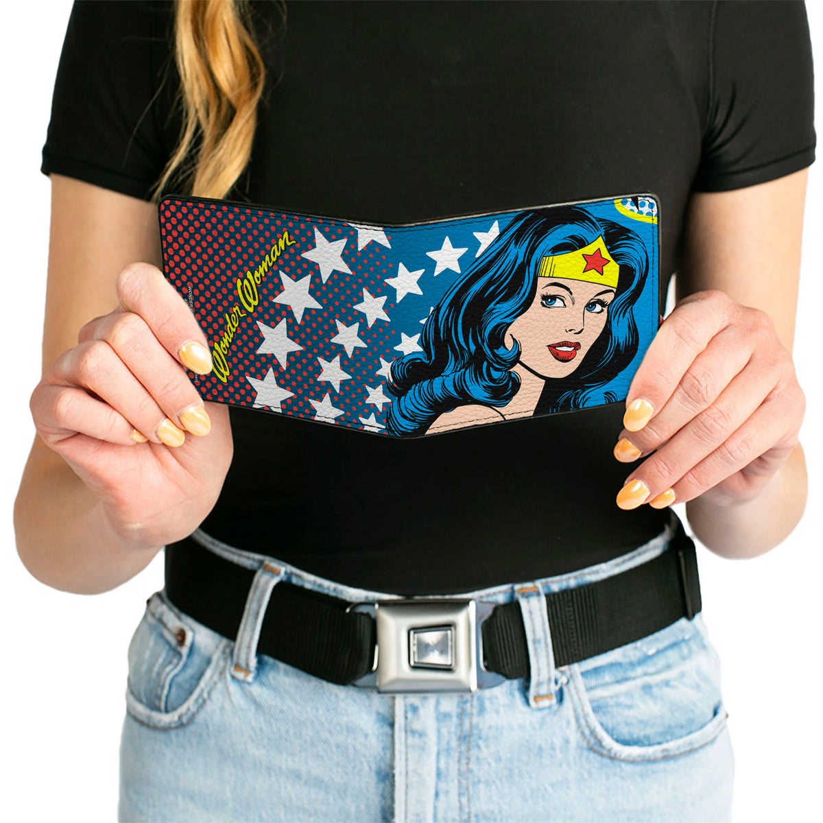 Bi-Fold Wallet - WONDER WOMAN Stars Face Halftone Blues Red Yellow White Bi-Fold Wallets DC Comics