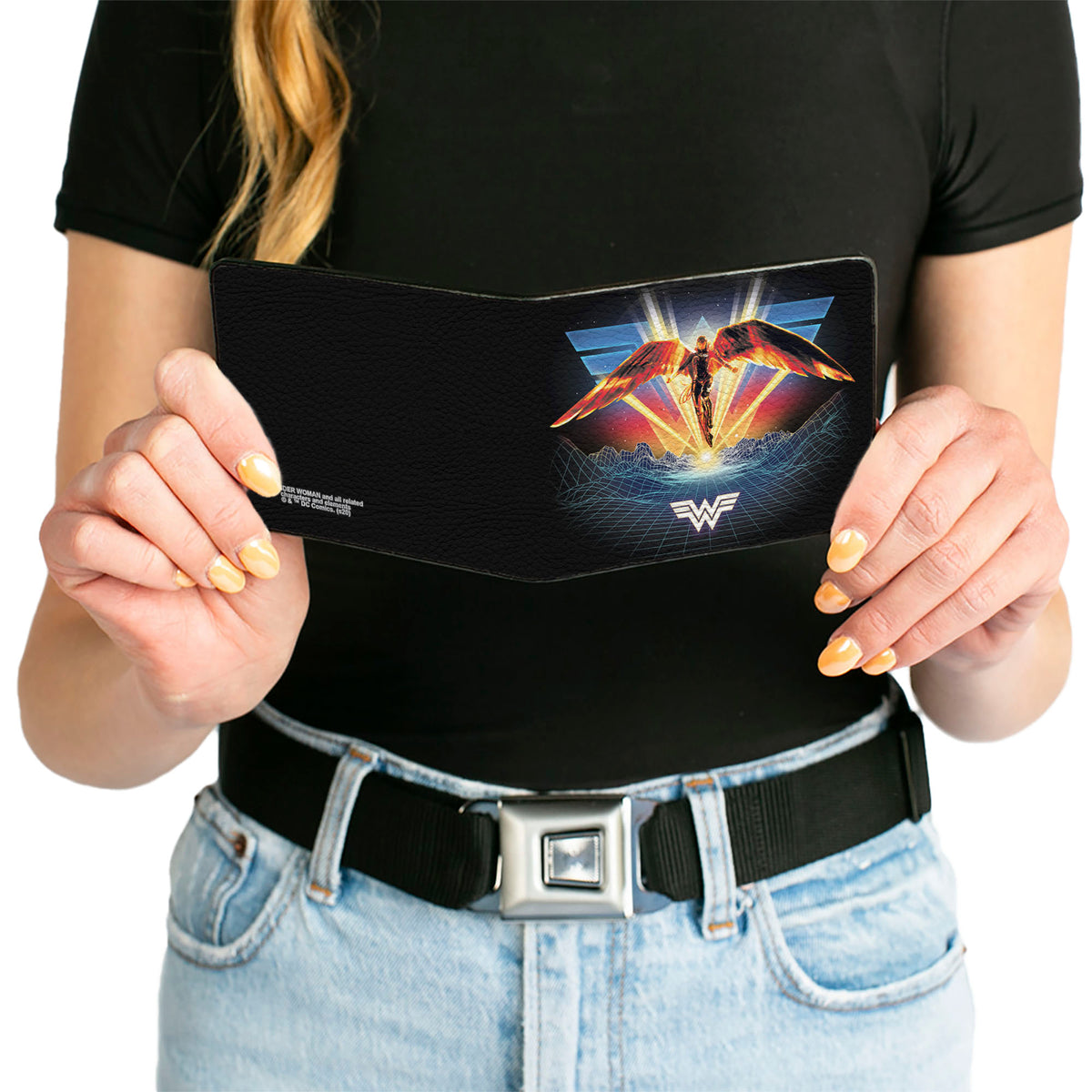Bi-Fold Wallet - Wonder Woman 1984 Golden Armor Pose WW Logo Topography Black Blues Reds Yellow Bi-Fold Wallets DC Comics