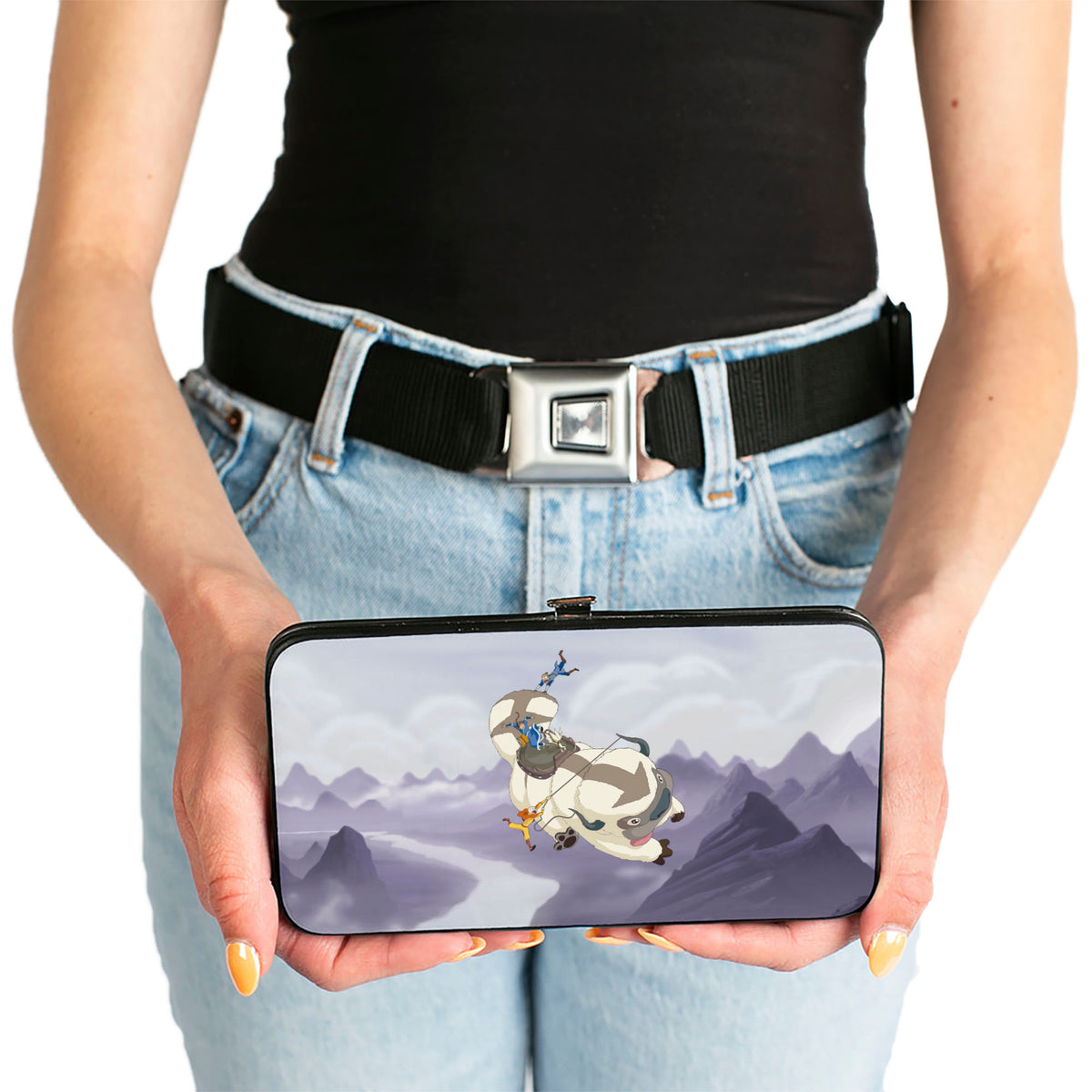 Hinged Wallet - Avatar the Last Airbender Appa Carrying 4-Character Group Scene Over Mountains + Logo Grays Black Hinged Wallets Avatar The Last Airbender