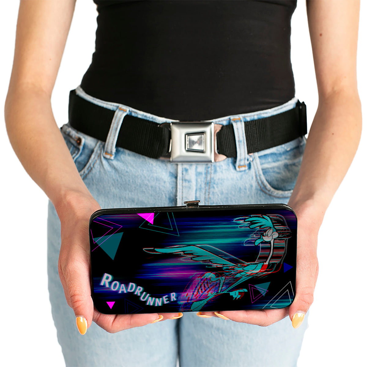 Hinged Wallet - ROAD RUNNER Action Pose Streak Triangles Black Blues Pinks Hinged Wallets Looney Tunes