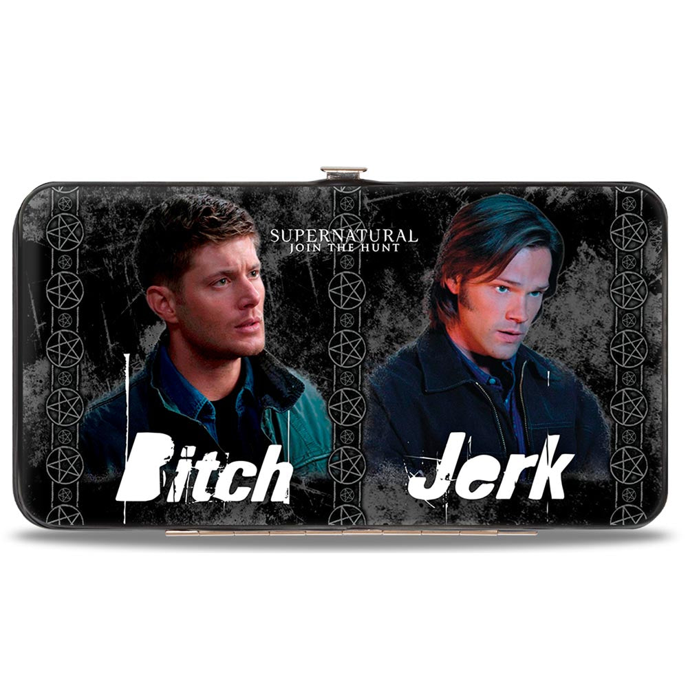 Hinged Wallet - SUPERNATURAL 4-Character Poses BITCH-JERK + IDJITS ASSBUTT Black Grays White Hinged Wallets Supernatural