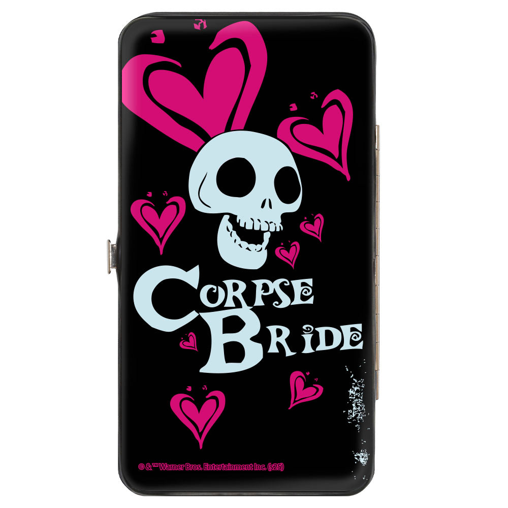 Hinged Wallet - CORPSE BRIDE Emily Pose with Hearts and Skull Black/White/Pink Hinged Wallets Corpse Bride