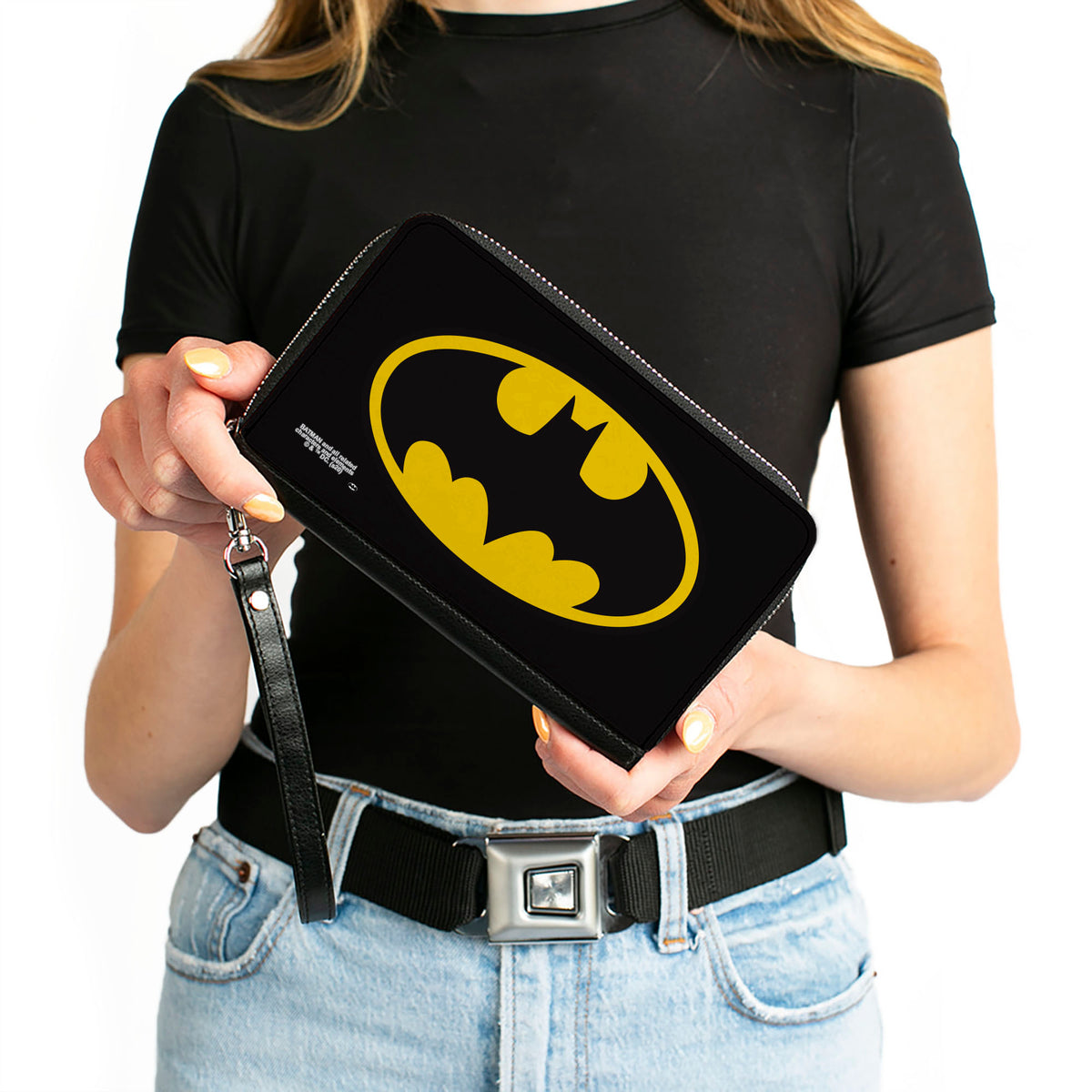 Women's PU Zip Around Wallet Rectangle - Batman Bat Logo Black Yellow Clutch Zip Around Wallets DC Comics   