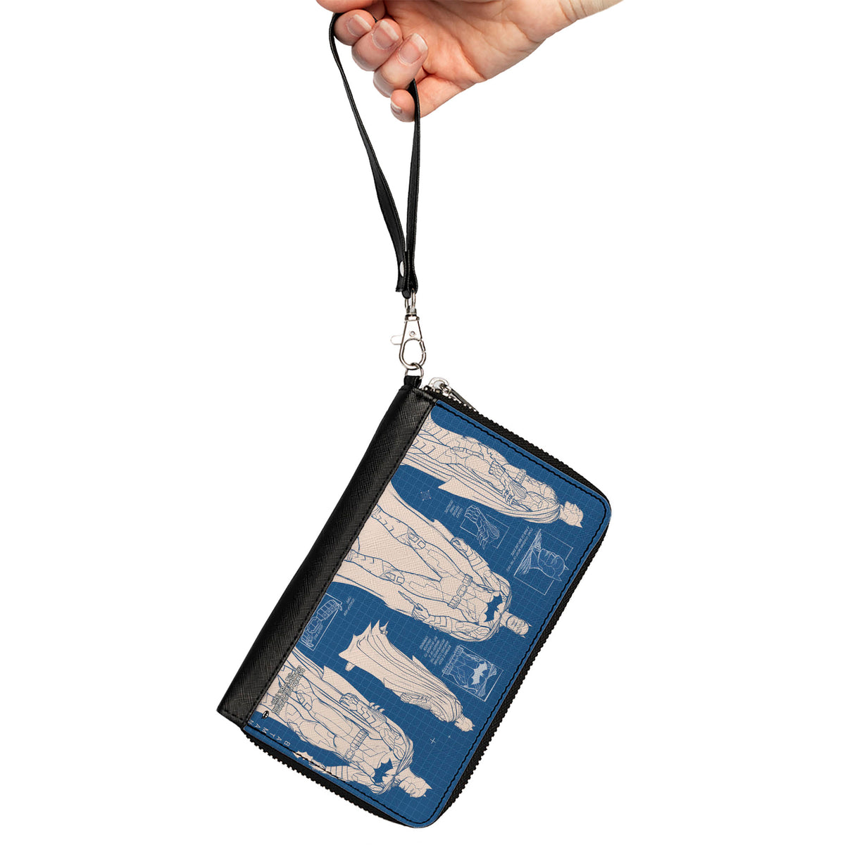 Women's PU Zip Around Wallet Rectangle - Batman Blueprint Tech Poses Blues White Clutch Zip Around Wallets DC Comics   
