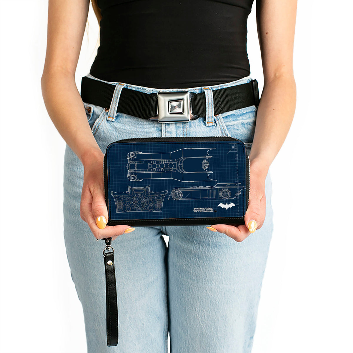Women's PU Zip Around Wallet Rectangle - Batman Batmobile Blueprint Tech Turns Blues White Clutch Zip Around Wallets DC Comics   
