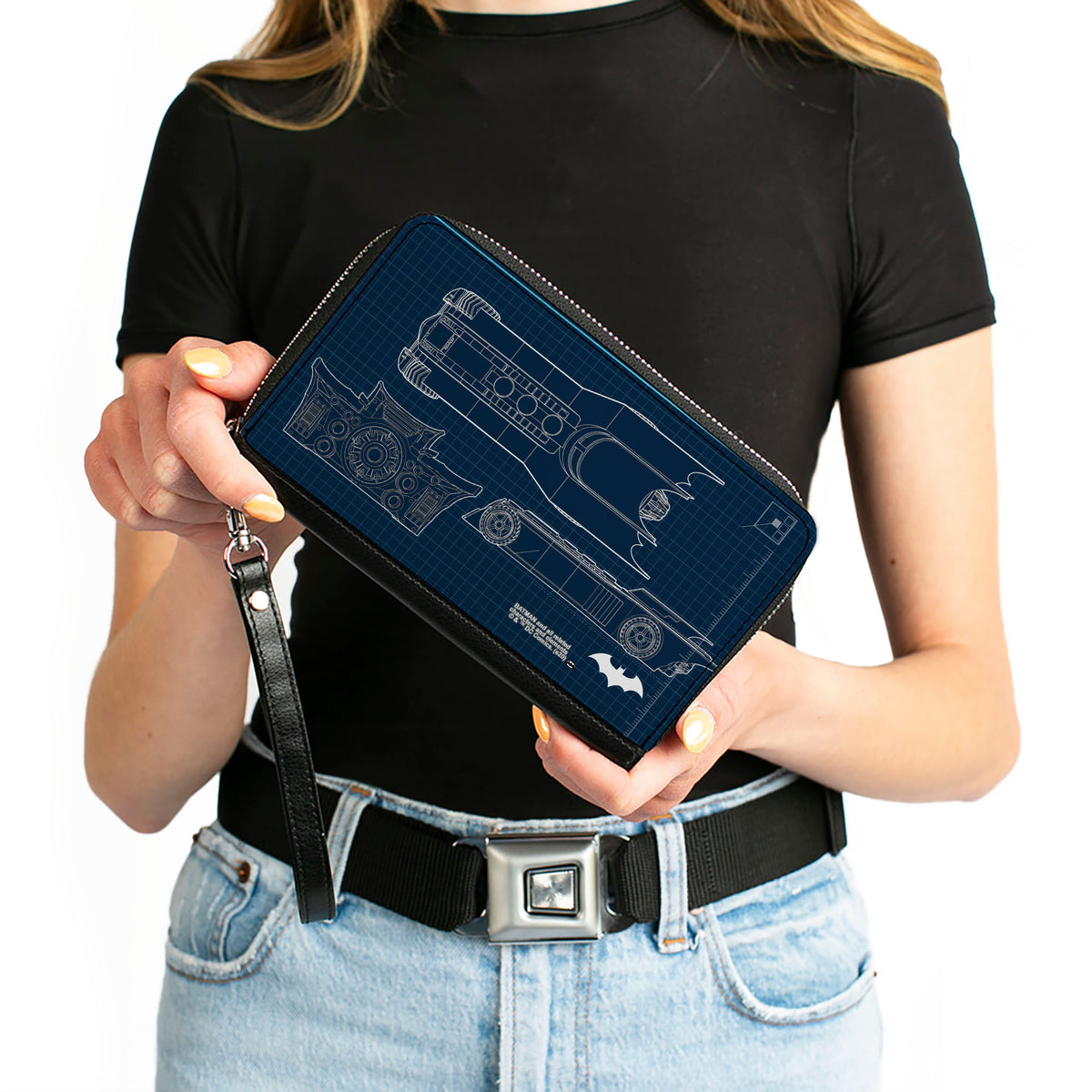 Women's PU Zip Around Wallet Rectangle - Batman Batmobile Blueprint Tech Turns Blues White Clutch Zip Around Wallets DC Comics   
