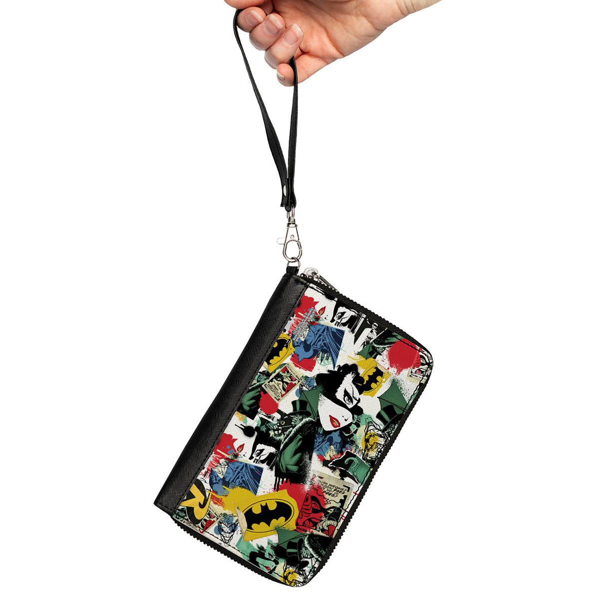 Women's PU Zip Around Wallet Rectangle - Batman and Gotham City Villains Graffiti Collage White Multi Color Clutch Zip Around Wallets DC Comics   