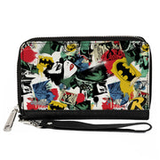 Women's PU Zip Around Wallet Rectangle - Batman and Gotham City Villains Graffiti Collage White Multi Color Clutch Zip Around Wallets DC Comics   
