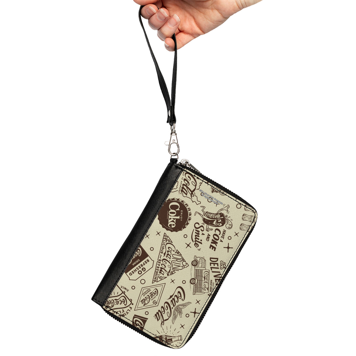 PU Zip Around Wallet Rectangle - Vintage Coca-Cola HAVE A COKE AND SMILE Icons Collage Beige/Brown Clutch Zip Around Wallets Coca-Cola