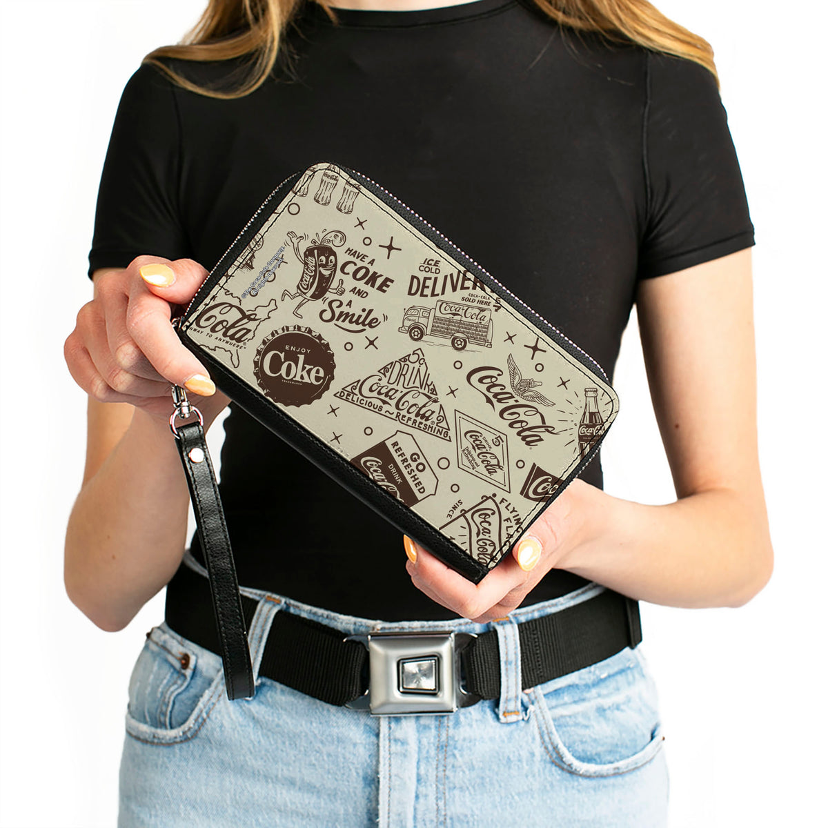 PU Zip Around Wallet Rectangle - Vintage Coca-Cola HAVE A COKE AND SMILE Icons Collage Beige/Brown Clutch Zip Around Wallets Coca-Cola