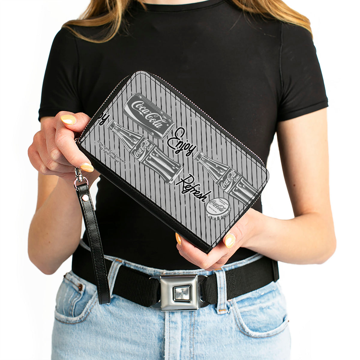 PU Zip Around Wallet Rectangle - Coca-Cola ENJOY REFRESH Can and Bottle Grays/White/Black Clutch Zip Around Wallets Coca-Cola