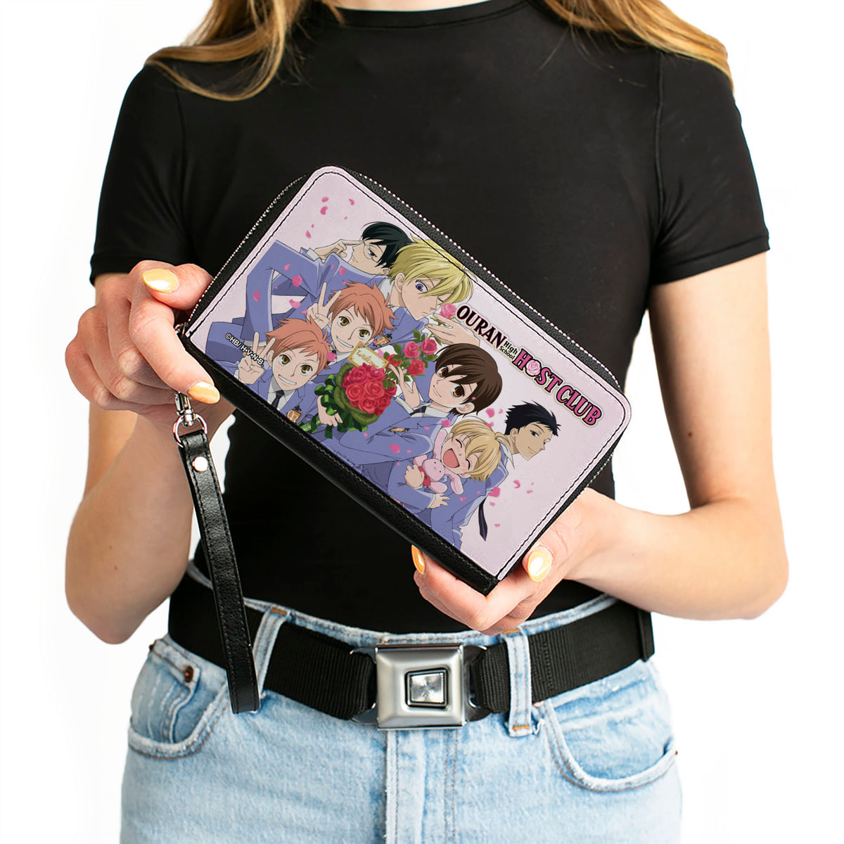 PU Zip Around Wallet Rectangle - Ouran High School Host Club Rose Bouquet Group Pose and Petals White Clutch Zip Around Wallets Ouran High School Host Club