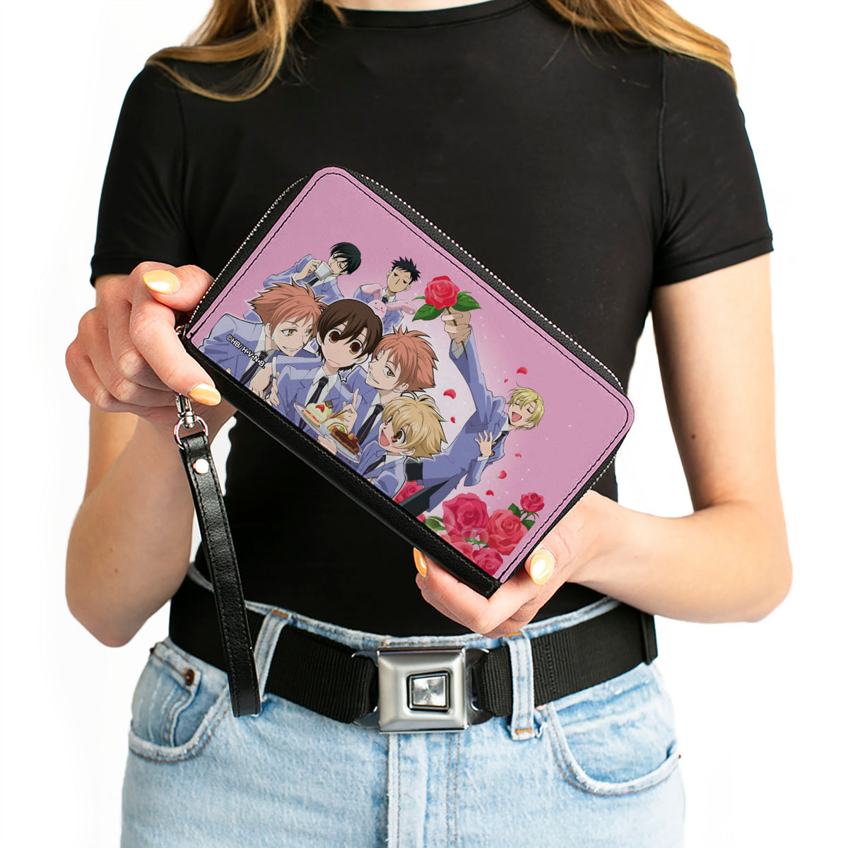 PU Zip Around Wallet Rectangle - Ouran High School Host Club Group Pose and Tamaki Singing Pose Pinks Clutch Zip Around Wallets Ouran High School Host Club