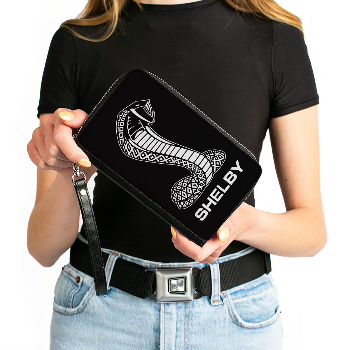 PU Zip Around Wallet Rectangle - Carroll Shelby Super Snake SHELBY Tiffany Logo Black/White Clutch Zip Around Wallets Shelby