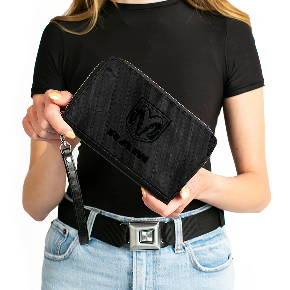 PU Zip Around Wallet Rectangle - RAM Logo Wood Grain Grays Clutch Zip Around Wallets Ram   