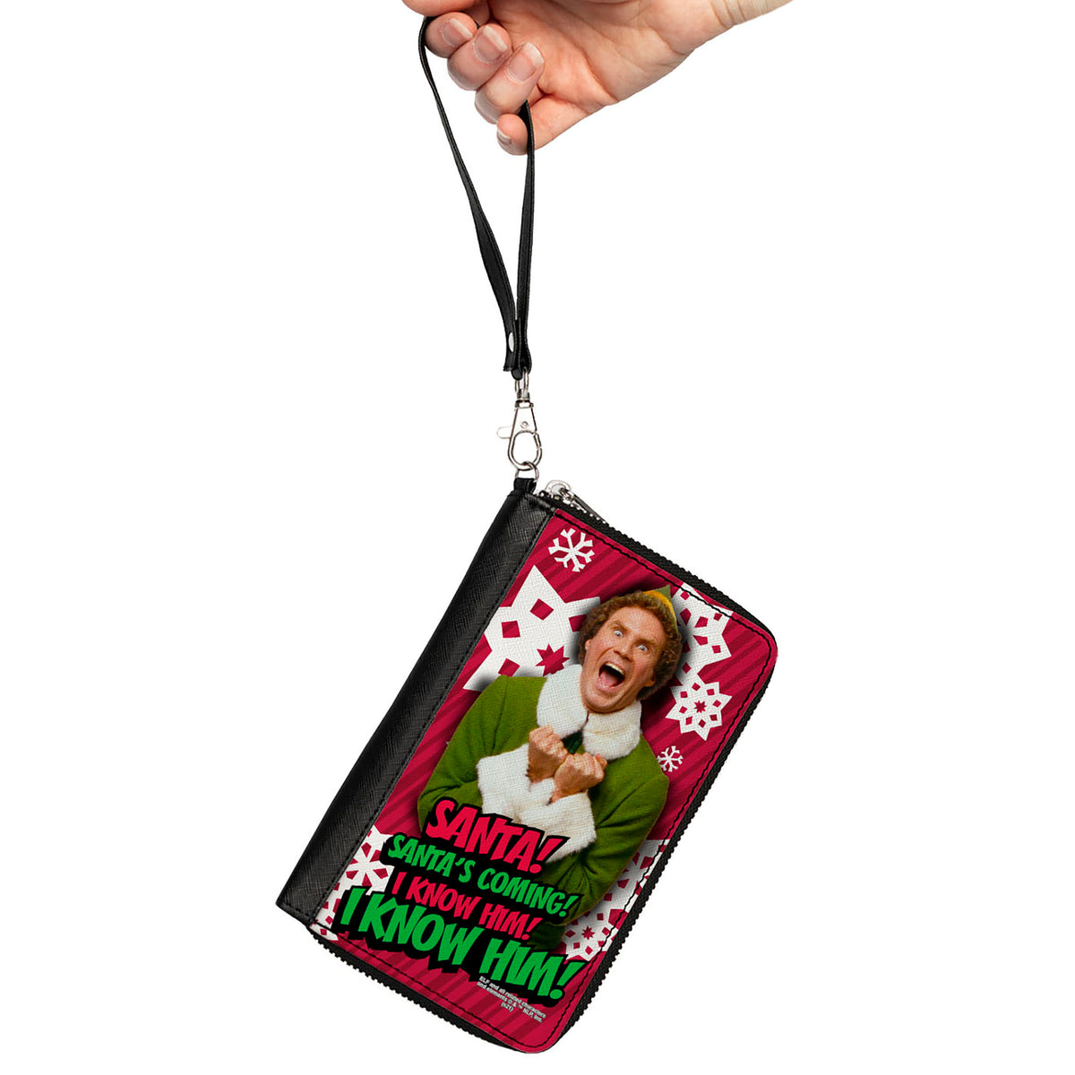 Women's PU Zip Around Wallet Rectangle - Elf Buddy the Elf SANTA! I KNOW HIM! Pose Snowflakes Red White Clutch Zip Around Wallets Elf