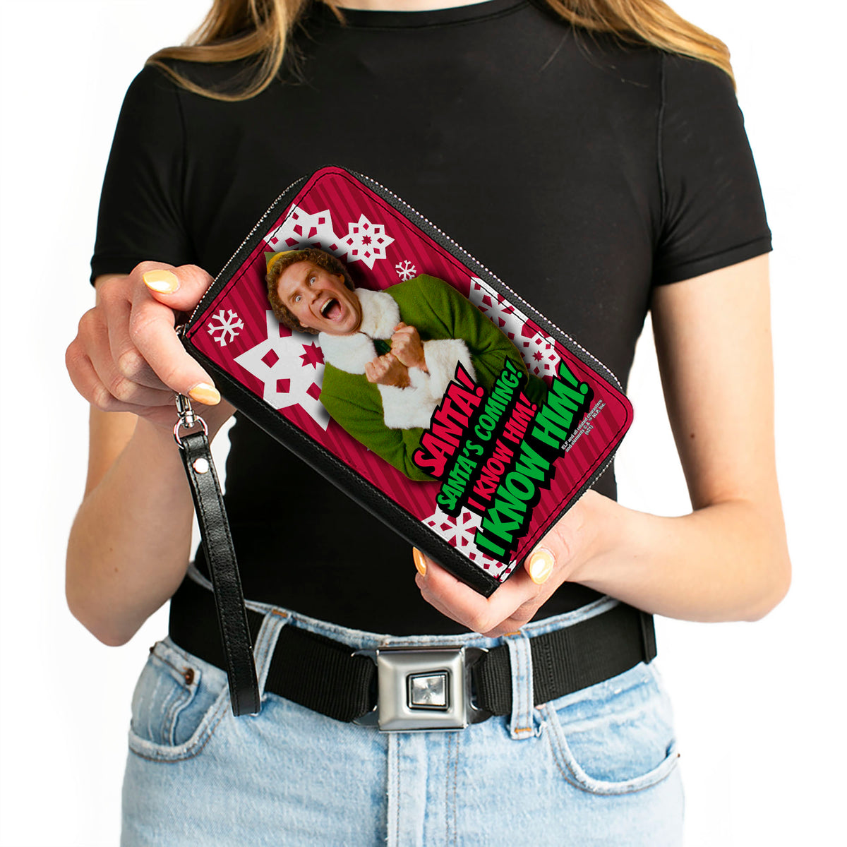 Women's PU Zip Around Wallet Rectangle - Elf Buddy the Elf SANTA! I KNOW HIM! Pose Snowflakes Red White Clutch Zip Around Wallets Elf